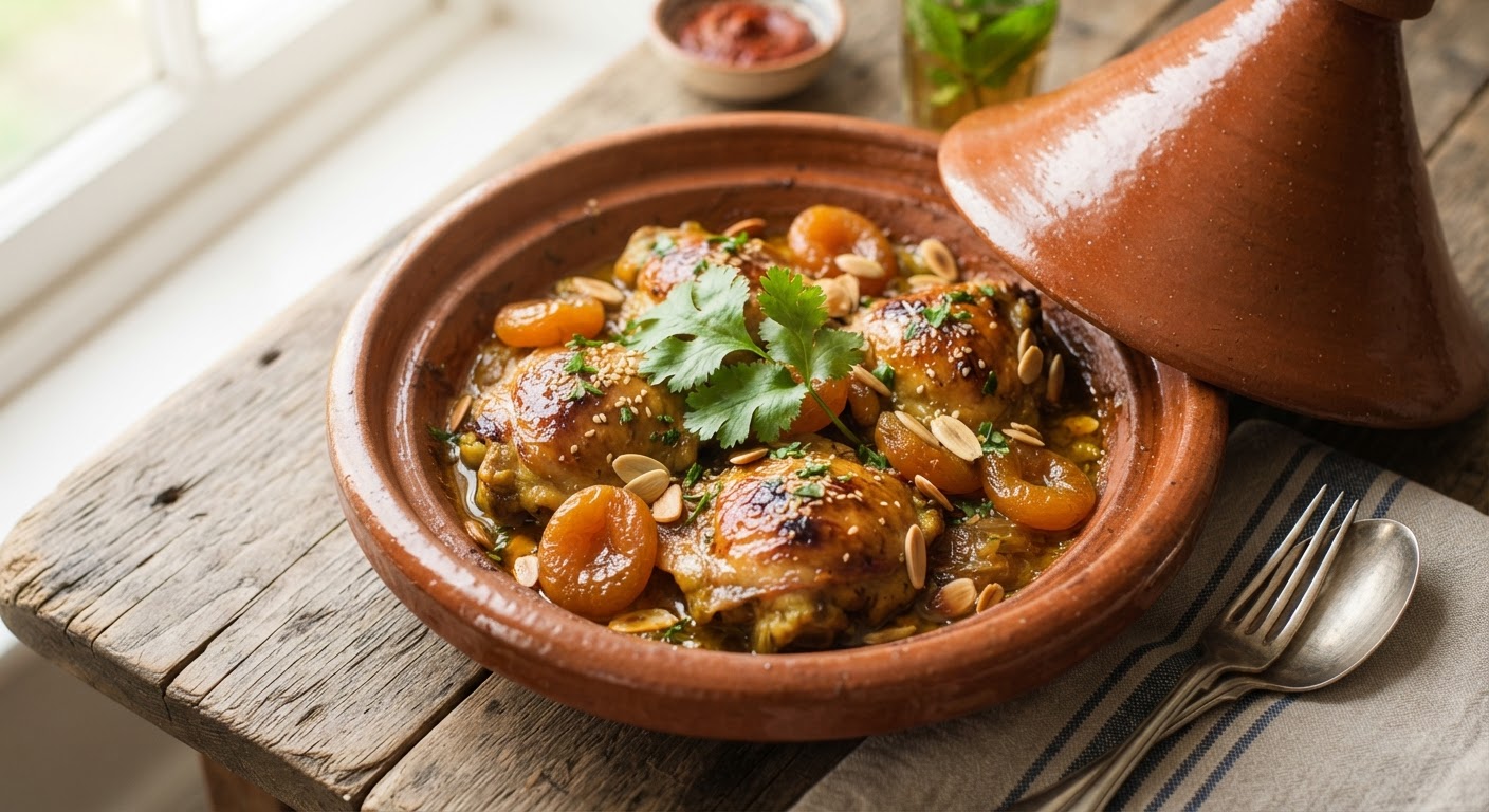 Plated Moroccan Chicken Tagine with Apricots and Almonds