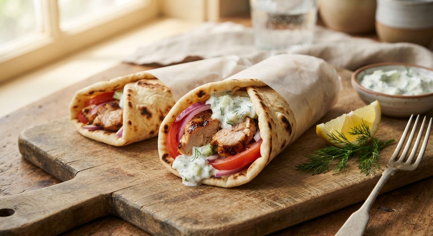 Plated Chicken Souvlaki Wraps with Creamy Tzatziki