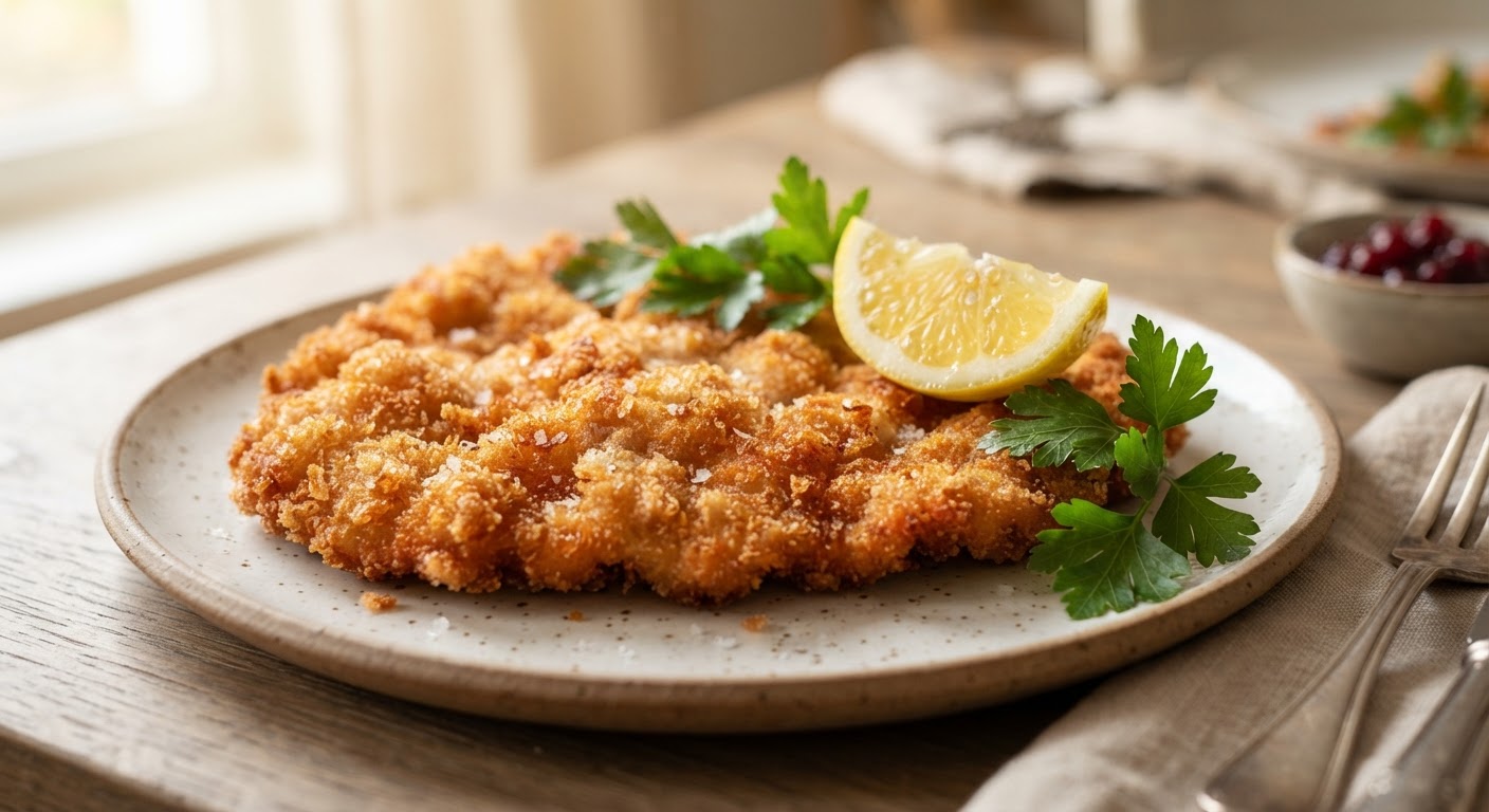 Plated Classic Pork Schnitzel with Lemon